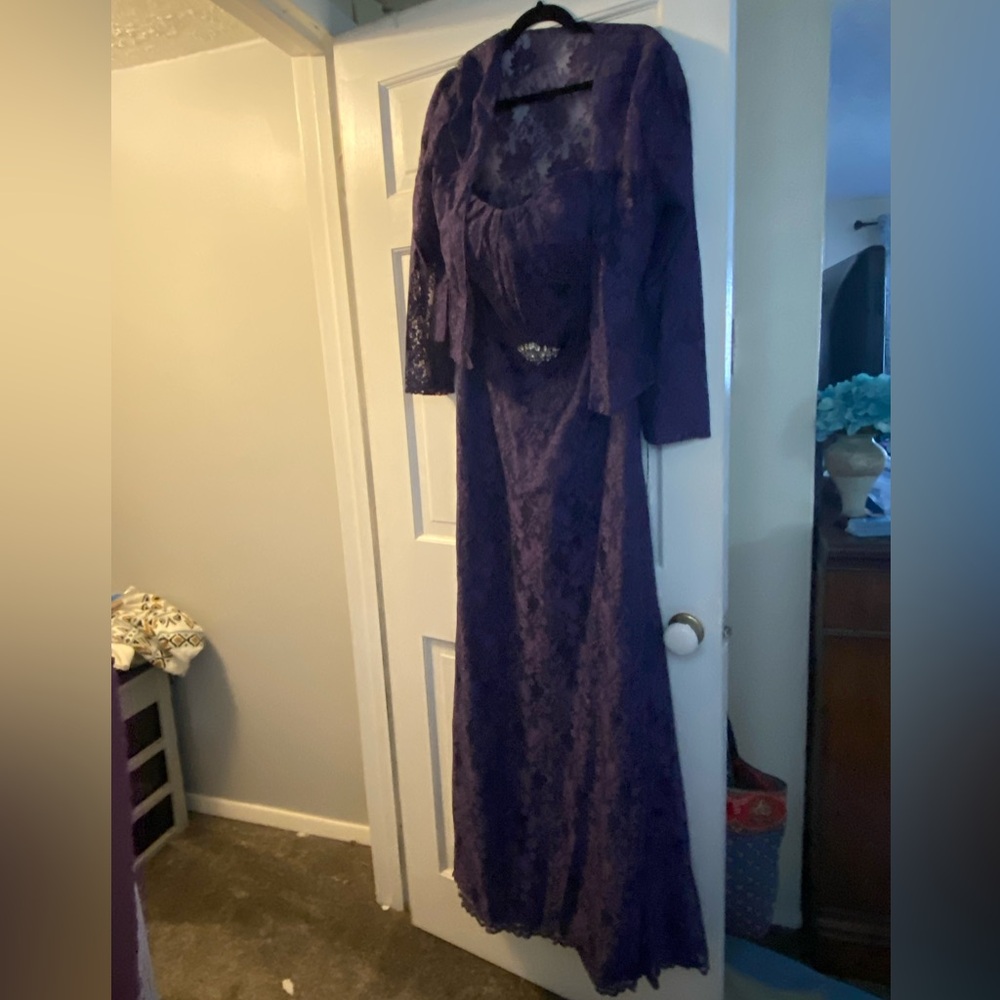 Elegant navy Blue Lace Gown w lace jacket